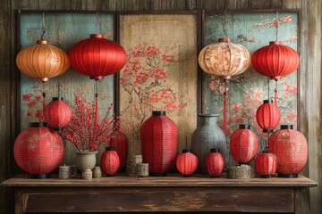 chinese lantern display, chinese red lanterns artfully displayed on a wooden table, set against traditional asian patterns, creating a festive atmosphere