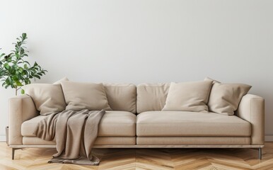 A minimalist living room with a beige sofa. a throw blanket. and a plant in a pot against a white wall and a wooden floor