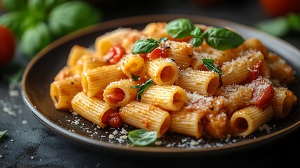 Close-up of a plate of pasta with tomato sauce, basil, and parmesan cheese.