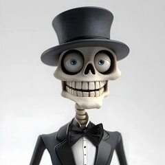 3D cartoon of a skeleton wearing a top hat on a white background