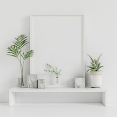 a white shelf with two plants. two marble blocks and a blank picture frame in a minimal room interio