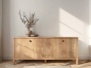 A wooden cabinet with two doors and a vase with dried branches on top. standing against a white wall with natural light