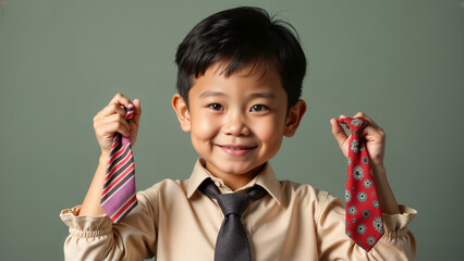 A Young Asian Child Showcases Fashion Creativity with Two Colorful Ties