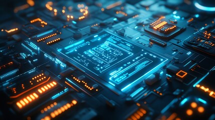 Aufkleber - Close-up of a futuristic circuit board with glowing blue and orange lights.