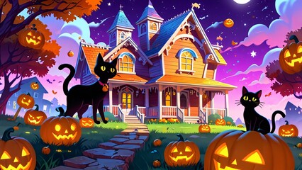 Halloween House with Black Cats and Jack O Lanterns