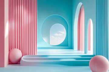 Poster - Abstract minimalist 3D room with pink and blue walls, curtains, arches, and a round window showcasing a cloudy sky.