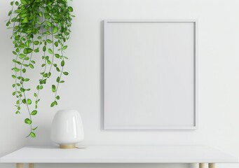 A blank picture frame hanging on a white wall. next to a white table with a hanging plant and lamp