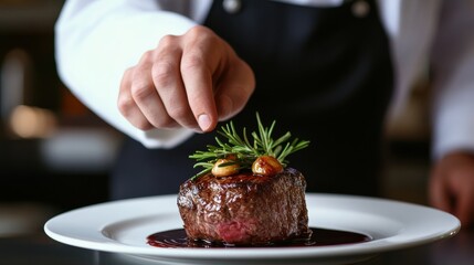 Wall Mural - A French chef serving a perfectly cooked beef tenderloin with a rich red wine reduction.