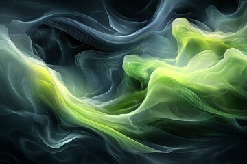 Abstract digital art depicting swirling green and blue hues on a black background.