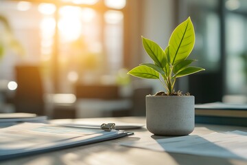 young plant in a pot sits on a desk with documents, symbolizing growth and investment