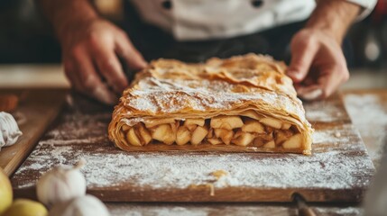 Poster - A German chef making a traditional apple strudel with a flaky pastry crust and spiced apple