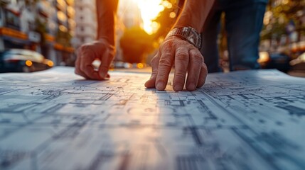 Architects at construction site, close-up of blueprints, hands-on work, cranes in background, detailed and professional scene, AI Generative