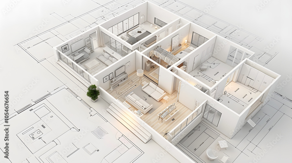 A detailed floor plan of a modern home, showing all rooms, furniture ...