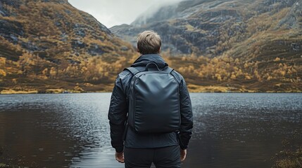 Man with Backpack Looking Out at a Mountain Lake