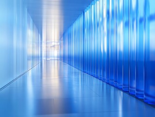 Poster - A modern, minimalist hallway with blue glass panels on one side, reflecting light and creating a sense of depth and space.