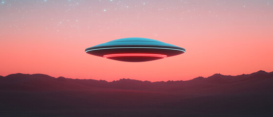 A futuristic UFO hovering above a serene landscape, set against a colorful twilight sky, showcasing the mystery of space exploration.