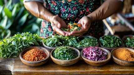 Poster - A Thai chef presenting a colorful array of fresh herbs and spices on a wooden cutting board