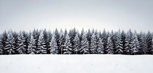 A row of pine trees covered in snow stand against a plain white sky, forming a stark contrast. The ground is also covered in a blanket of fresh snow.