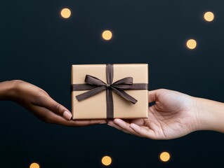 Two hands, one dark-skinned and one light-skinned, exchanging a beautifully wrapped gift against a dark background with lights.