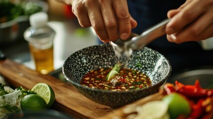 Poster - A Vietnamese chef creating a flavorful dipping sauce (Nuoc Cham) with fish sauce, lime