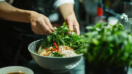 Poster - A Vietnamese chef expertly preparing a bowl of Pho with fragrant herbs and fresh ingredients