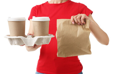 Fast-food worker with paper cups and bag on white background, closeup