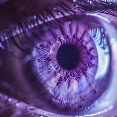 Close-up of a human eye showcasing vibrant purples and blues with glowing elements, on a dark background. Concept of vision and technology