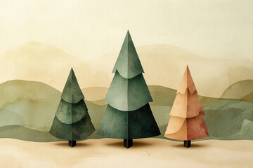 Minimalist Christmas trees in winter landscape, creating sense of calm and peace