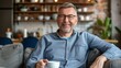 © Dao - Happy middle aged man holding coffee cup relaxing on couch at home. Smiling mature older man drinking tea looking at camera sitting on cozy sofa chilling in modern kitchen living room. Portrait.