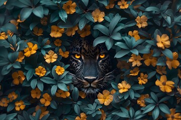 Wall Mural - Black panther hiding in flowers in forest. Wild cat hunting in the jungles. Nature and wildlife conservation concept. Exotic animal. Close-up view