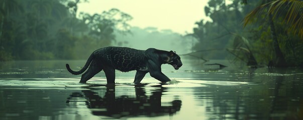 Wall Mural - Black panther walking in water in rainforest. Hunting big wild cat in jungles. Nature and wildlife conservation concept. Exotic animal. World Wildlife Day