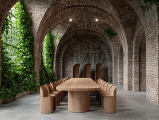 A modern conference room featuring a long wooden table surrounded by elegant chairs, set against a rustic brick backdrop.