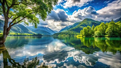 scenic view of lake, river, mountain, clouds, green tree, and water from a low angle