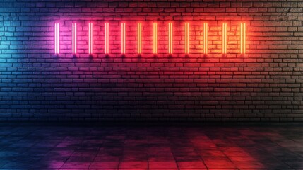 Poster - A series of colorful neon lights glow against a textured brick wall, creating an inviting urban atmosphere. The illumination enhances the unique character of the space, perfect for nightlife.