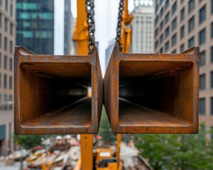 A close-up view of two large, rusted steel beams suspended by cranes, set against a backdrop of modern buildings.