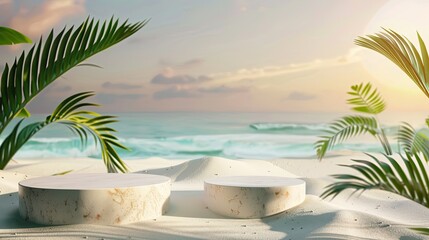 Tropical Beach Scene with Two White Marble Podiums