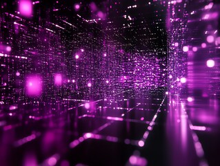 Fototapete - Abstract purple and black digital background with glowing lights and lines.