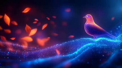Wall Mural - A glowing bird silhouette surrounded by vibrant leaves and sparkling lights on a dark background.