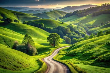 Scenic view of winding country road through lush green hills at eye level