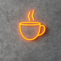 Neon sign of a steaming coffee cup against a textured background.