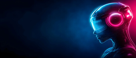 Wall Mural - futuristic robot head silhouette with colorful neon lights on a dark background.