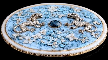 An oval-shaped, blue and white stone relief carving with two silver dragons and a blue gemstone in the center.