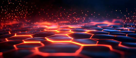 Canvas Print - abstract hexagonal pattern with glowing red and blue effects, creating a dynamic and vibrant digital