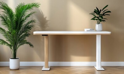 Wall Mural - Modern white and wood standing desk with plants in a minimalist interior.