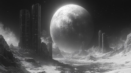 Wall Mural - A desolate landscape with a large moon in the sky. Generative AI