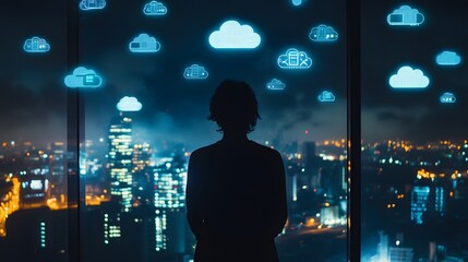 Cloud storage concept with person back in front of virtual screen with cloud application symbols on night megapolis city background. 