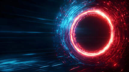 Wall Mural - futuristic digital portal with vibrant blue and red light trails on a dark background.