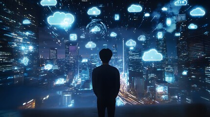 Cloud storage concept with person back in front of virtual screen with cloud application symbols on night megapolis city background. 