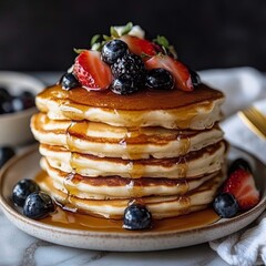 A stack of fluffy pancakes topped with berries and syrup.