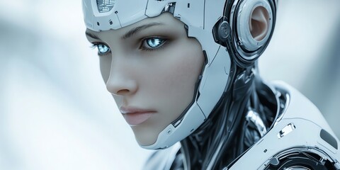 Aufkleber - Close-up portrait of a female android with blue glowing eyes.